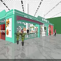 Traditional Old Street Themed Supermarket Department Store With Green Canopy Purple Accents And Customers Shopping