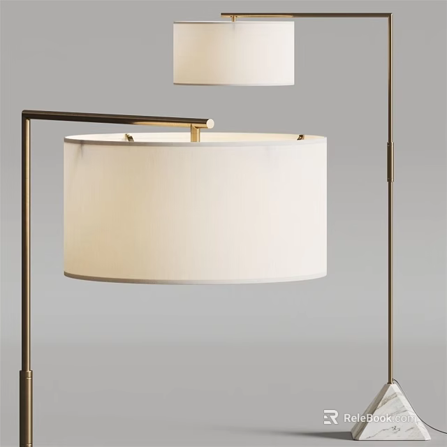 Modern Floor Lamp with Brass Metal Stand and White Round Lampshade 3d model 