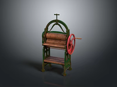Vintage Manual Roller Machine With Green Metal Frame Red Wheel And Wooden Roller 3d model