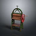 Vintage Manual Roller Machine With Green Metal Frame Red Wheel And Wooden Roller