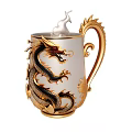Decorative Dragon Themed Mug With Gold Silver Accents And Intricate Carvings