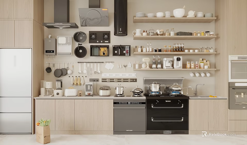 Modern Kitchen With Various Appliances Cabinets Shelves And Cooking Utensils 3d model 