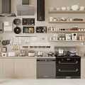 Modern Kitchen With Various Appliances Cabinets Shelves And Cooking Utensils