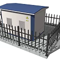 Small Building With Blue Roof White Walls Black Fence And Yellow Warning Sign