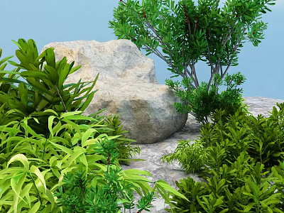 Lush Green Flowers and Plants Surrounding Large Natural Stone in Outdoor Setting 3d model
