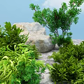 Lush Green Flowers and Plants Surrounding Large Natural Stone in Outdoor Setting