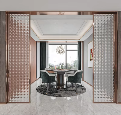 Elegant Hotel Mahjong Room Interior With Transparent Partition Round Table Green Chairs And Chandelier 3d model