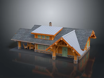 Log Cabin Exterior With Gray Shingle Metal Roof Chimney Front Porch Green Door And Windows 3d model