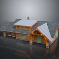Log Cabin Exterior With Gray Shingle Metal Roof Chimney Front Porch Green Door And Windows