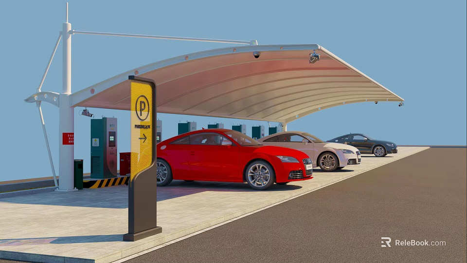 Modern Carport Canopy For Parking With Electric Vehicle Charging Stations And Luxury Cars 3d model 