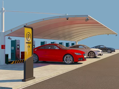 Modern Carport Canopy For Parking With Electric Vehicle Charging Stations And Luxury Cars 3d model