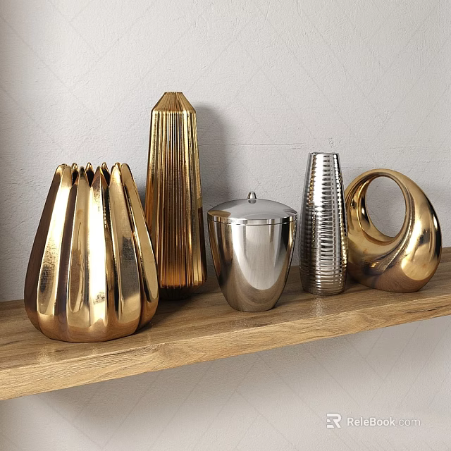Gold And Silver Metallic Decorative Ornament Set With Various Shapes On Wooden Shelf 3d model 