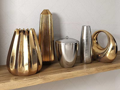 Gold And Silver Metallic Decorative Ornament Set With Various Shapes On Wooden Shelf 3d model