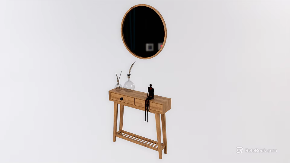 Wooden Entryway Cabinet Sideboard with Round Mirror Above Drawer and Lattice Shelf Design 3d model 