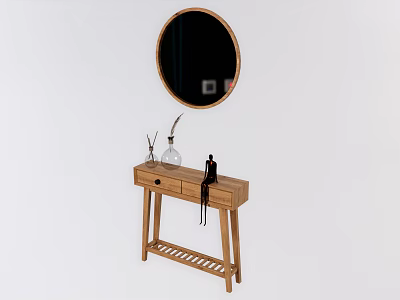 Wooden Entryway Cabinet Sideboard with Round Mirror Above Drawer and Lattice Shelf Design 3d model