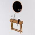 Wooden Entryway Cabinet Sideboard with Round Mirror Above Drawer and Lattice Shelf Design