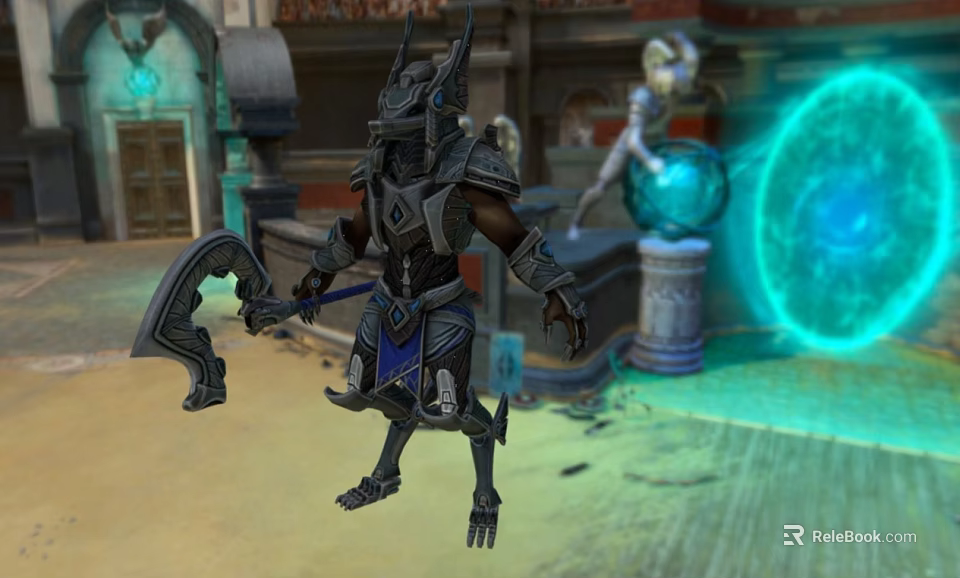 Armored Warrior Character Holding Battle Axe In Ancient Architecture With Blue Magical Glow 3d model 