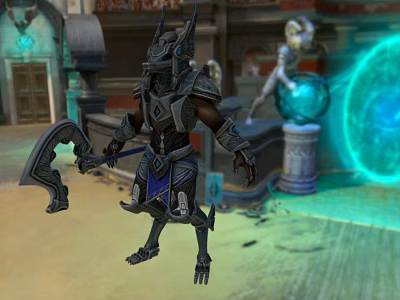 Armored Warrior Character Holding Battle Axe In Ancient Architecture With Blue Magical Glow 3d model