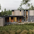 Modern Single Family House with Wooden and Stone Exterior in Lush Greenery and Natural Surroundings