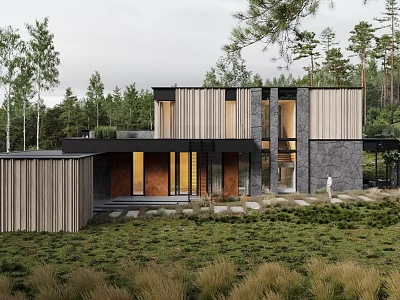 Modern Single Family House with Wooden and Stone Exterior in Lush Greenery and Natural Surroundings 3d model
