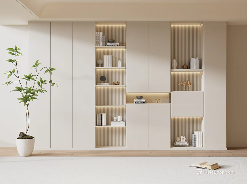 Modern Minimalist White Built in Bookcase With Open Shelves Books Decorative Items and LED Lighting 3d model 