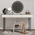 Modern Dressing Table With Round Mirror Stool And Decorative Items On Striped Wall 3d model