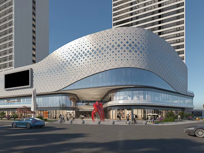 Contemporary Commercial Complex Architectural Design With Curved Glass Facade And Urban Pedestrian Area 3d model
