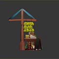 Fresh Fruit Stall With Blue White Striped Awning Bananas Crates On Green Grass