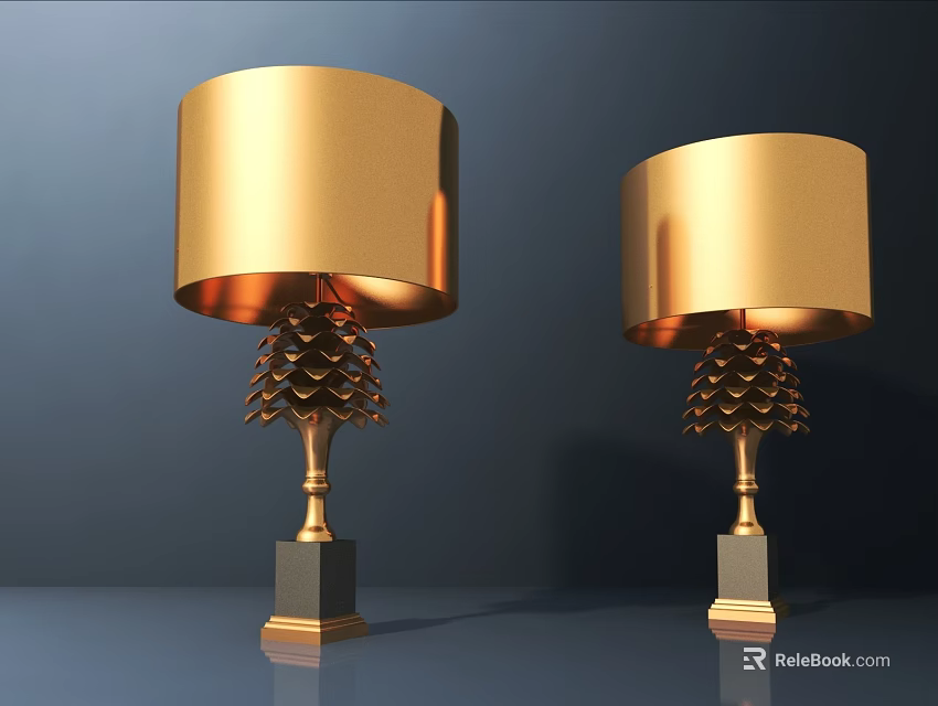 Elegant Golden Table Lamps With Pinecone Shaped Decorations And Black Square Bases 3d model