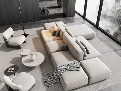 Modern Beige L Shaped Sofa And White Round Coffee Table Set With Decorative Pillows 3d model