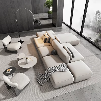 Modern Beige L Shaped Sofa And White Round Coffee Table Set With Decorative Pillows 3d model