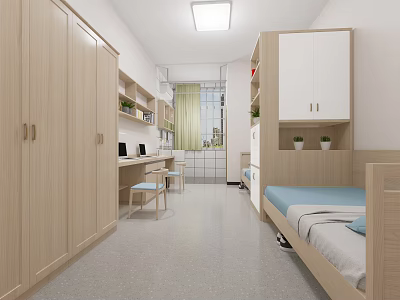 Bright Cozy Dorm Room Interior With Wooden Wardrobes Desk Shelves And Blue Bed 3d model