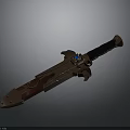 Ornate Sword With Metallic Blade Red Decorative Patterns Black Leather Hilt And Blue Gemstone