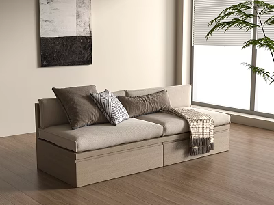 Light Gray Two Seater Sofa with Throw Pillows Blanket Abstract Painting Wooden Floor and Window 3d model
