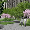 Lush Garden Landscape Design with Diverse Trees Pink Flowers Stone Paths and People Walking