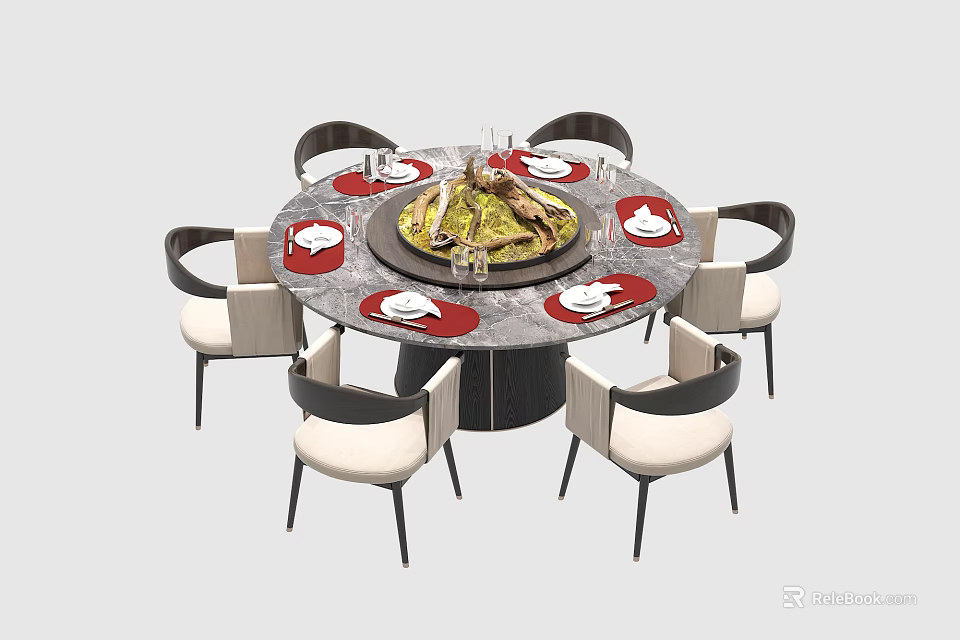 Round Dining Table Set with Six Chairs Red Placemats Marble Tabletop and Center Decoration 3d model 