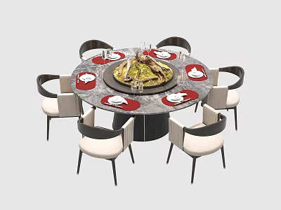 Round Dining Table Set with Six Chairs Red Placemats Marble Tabletop and Center Decoration 3d model