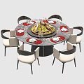 Round Dining Table Set with Six Chairs Red Placemats Marble Tabletop and Center Decoration