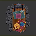 Colorful Assorted Vintage Luggage Stacked With Decorative Birdcage On Stone Path Trolley