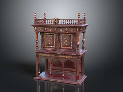 Antique Wooden Cabinet With Intricate Carvings Double Doors Columns Arched Legs Ornate Railing Top 3d model
