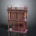 Antique Wooden Cabinet With Intricate Carvings Double Doors Columns Arched Legs Ornate Railing Top