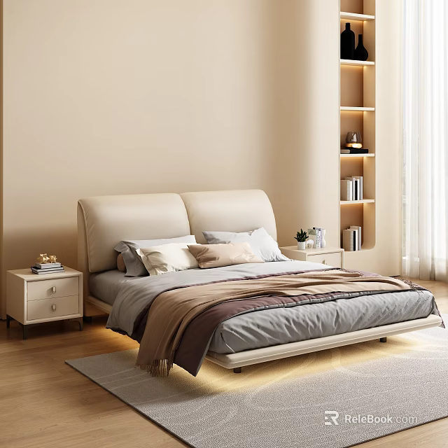 Elegant Double Bed in Beige Bedroom With Upholstered Headboard Nightstand Floating Bookshelf and Curtain 3d model 