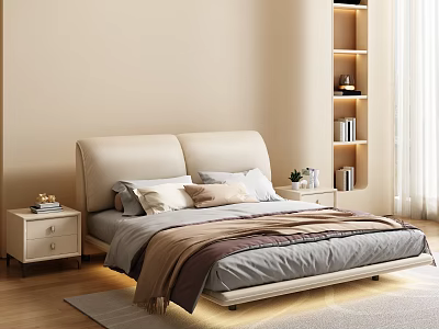 Elegant Double Bed in Beige Bedroom With Upholstered Headboard Nightstand Floating Bookshelf and Curtain 3d model