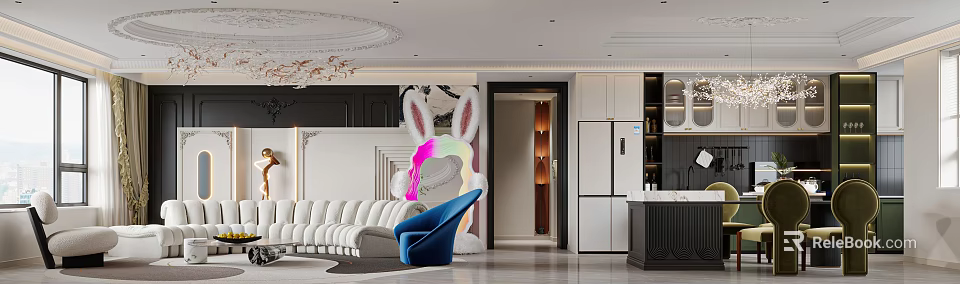 Modern Living and Dining Room With White Sofa Blue Chair And Chandelier 3d model 