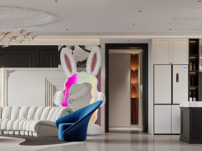 Modern Living and Dining Room With White Sofa Blue Chair And Chandelier 3d model