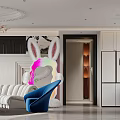 Modern Living and Dining Room With White Sofa Blue Chair And Chandelier