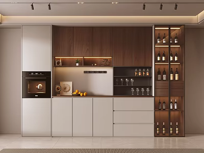 Modern Kitchen Sideboard With Wooden White Cabinets Wine Rack Wine Glasses Storage Countertop and Fruits 3d model