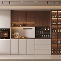 Modern Kitchen Sideboard With Wooden White Cabinets Wine Rack Wine Glasses Storage Countertop and Fruits