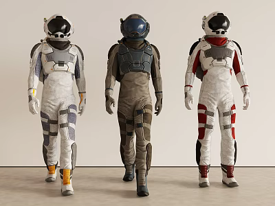 Three Astronaut Suits With Diverse Color Patterns And Functional Design Elements 3d model