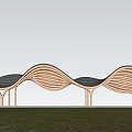 Garden Landscape With Curved Wooden Canopy Trees Stone Pavement And People Walking